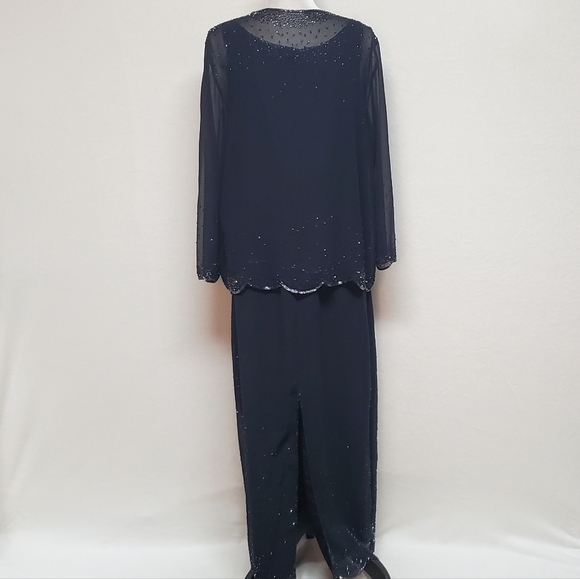 Vintage J Kara Navy Blue Chiffon Beaded Scalloped Maxi Dress Jacket Set 16 - Picture 9 of 16